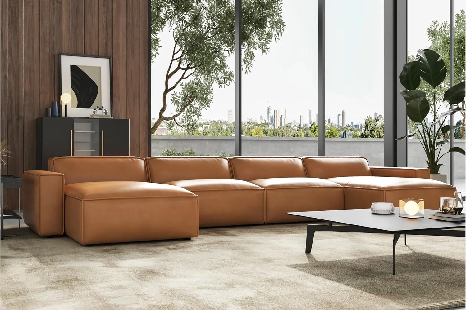 Valencia Nathan 34" Ottoman - 100% Full Aniline Leather Modern Modular Home Decor Ottoman for Lounge and Living Room High-Resilience Foam Comfortable (Cognac)