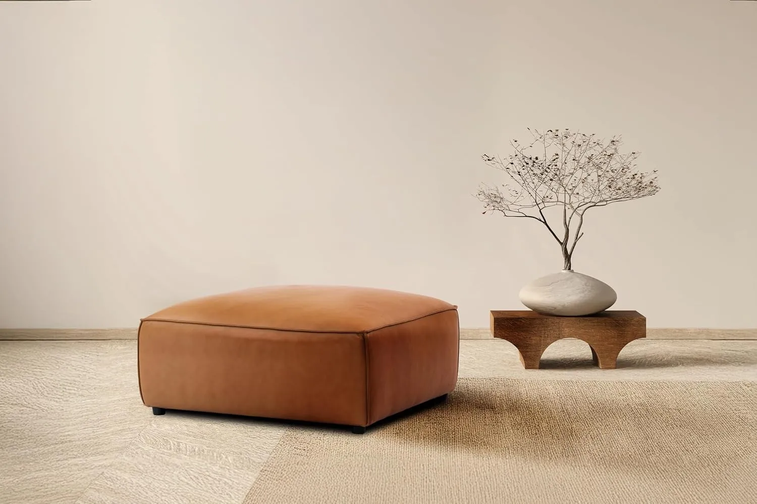Valencia Nathan 34" Ottoman - 100% Full Aniline Leather Modern Modular Home Decor Ottoman for Lounge and Living Room High-Resilience Foam Comfortable (Cognac)