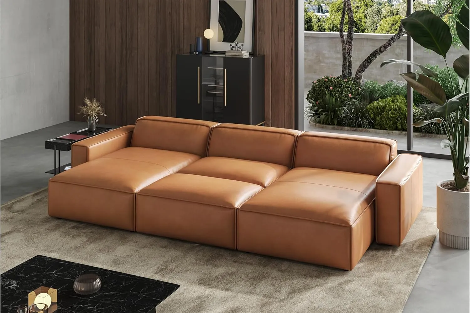 Valencia Nathan 34" Ottoman - 100% Full Aniline Leather Modern Modular Home Decor Ottoman for Lounge and Living Room High-Resilience Foam Comfortable (Cognac)
