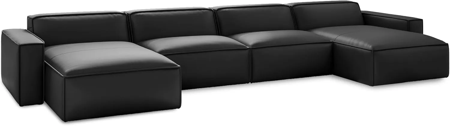 Valencia Nathan Napa Leather Couch - 4 Seats with 2 Chaises Sectional Sofa - 100% Full Aniline Leather Modern Sofa for Lounge and Living Room Solid Wood Frame and High-Resilience Foam Couch (Black)