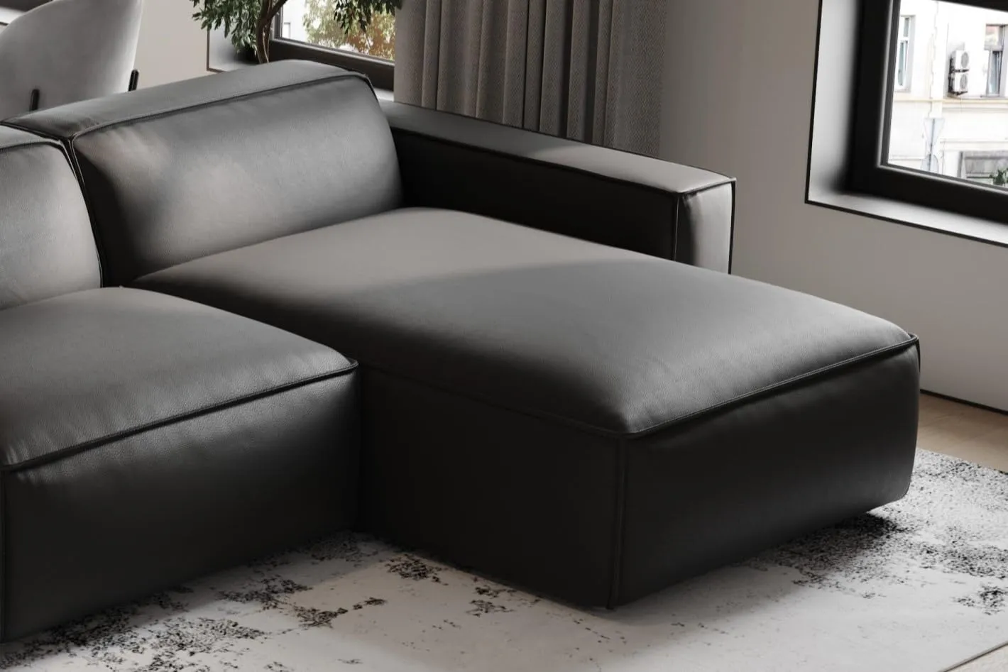 Valencia Nathan Napa Leather Couch - 4 Seats with 2 Chaises Sectional Sofa - 100% Full Aniline Leather Modern Sofa for Lounge and Living Room Solid Wood Frame and High-Resilience Foam Couch (Black)