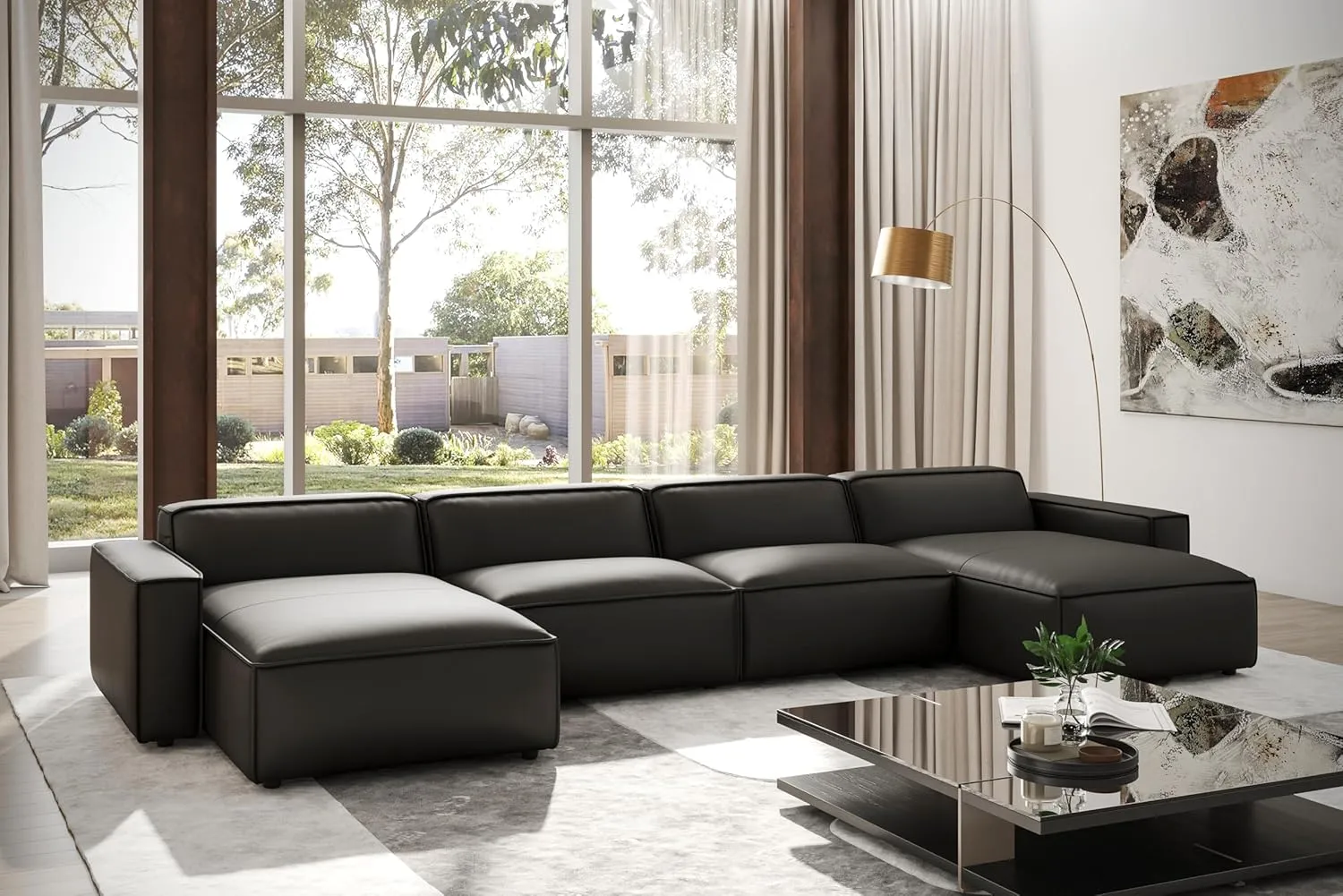 Valencia Nathan Napa Leather Couch - 4 Seats with 2 Chaises Sectional Sofa - 100% Full Aniline Leather Modern Sofa for Lounge and Living Room Solid Wood Frame and High-Resilience Foam Couch (Black)