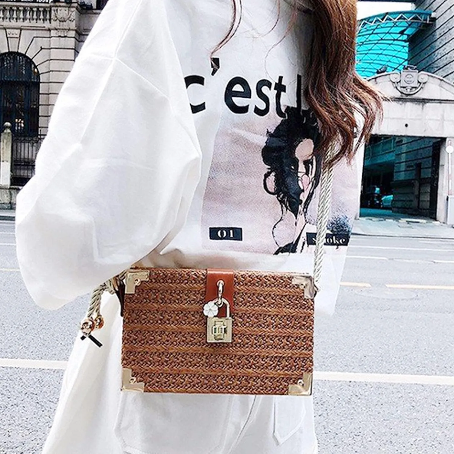Van Caro Handwoven Cotton Straw Shoulder Bag Crochet Tassel Beach Bohemian Purse for Women