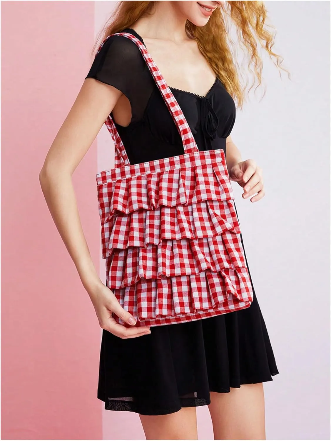 Verdusa Women's Ruffle Trim Plaid Print Tote Bag Casual Shoulder Bags