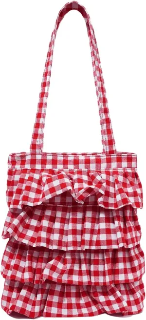 Verdusa Women's Ruffle Trim Plaid Print Tote Bag Casual Shoulder Bags