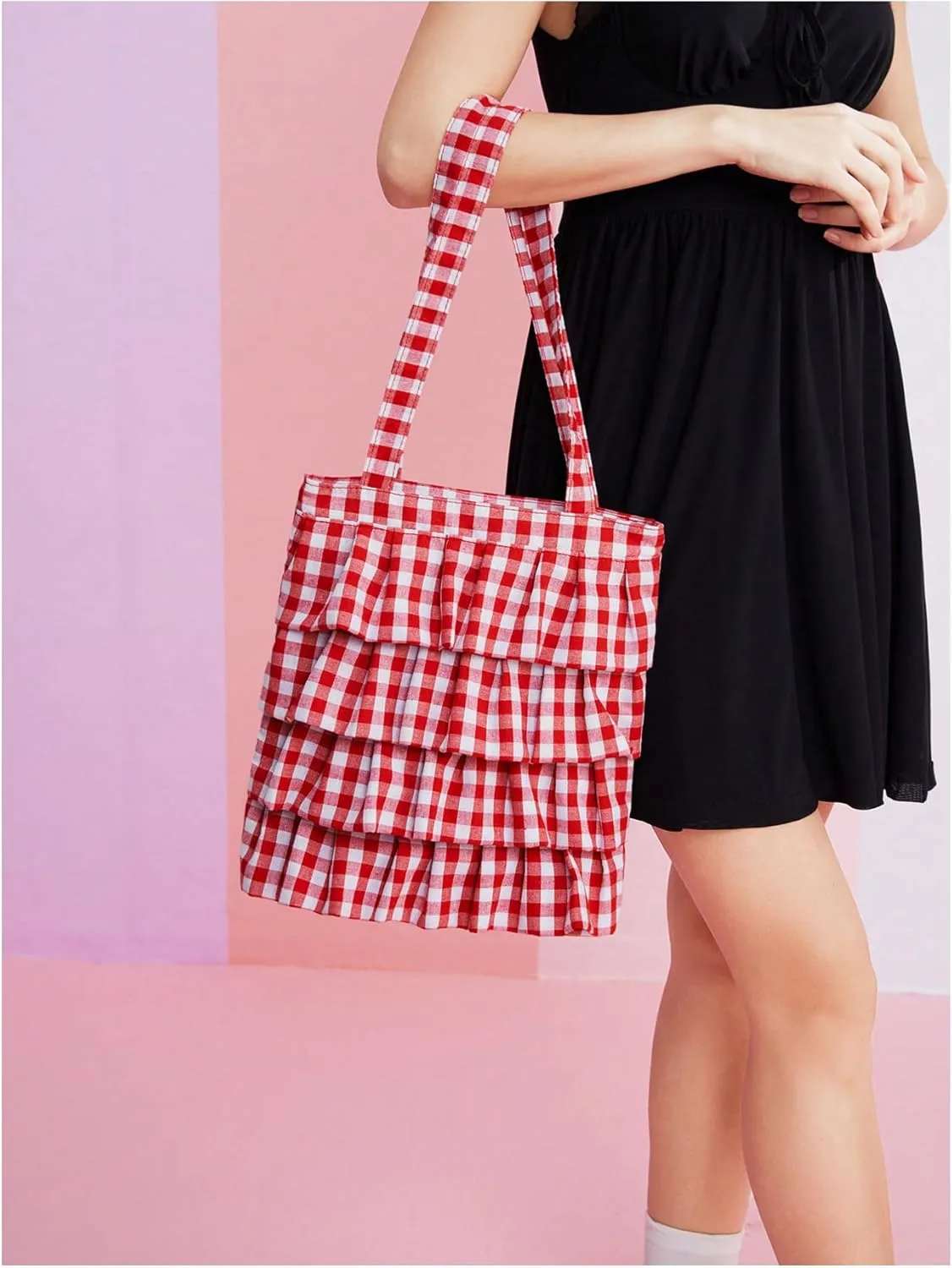 Verdusa Women's Ruffle Trim Plaid Print Tote Bag Casual Shoulder Bags