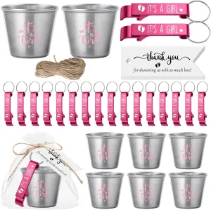 Vesici 25 Sets Baby Shower Favors for Girls Boys 1.5 oz Stainless Steel Shot Glasses Cute Bottle Opener Keychains Thank You Tags and Bags Gender Reveal Party Favors Guest Return Gift (Pink)