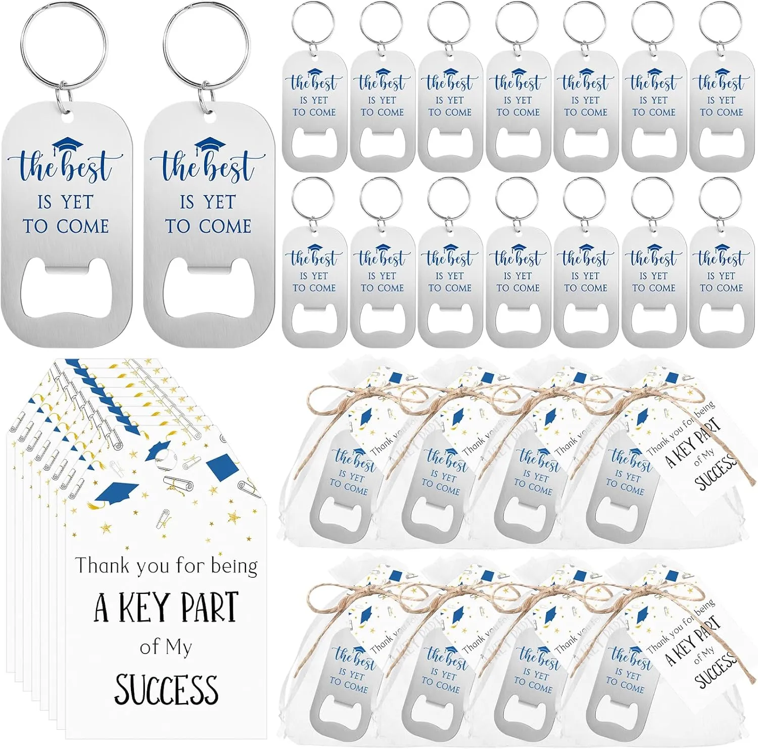 Vesici 30 Sets Graduation Party Favors 30 Beer Bottle Opener Keychains Bulk The Best is Yet to Come Keychains with Thank You Cards and Organza Bags 2025 Graduation Ceremony Party Guest Gifts (Blue)
