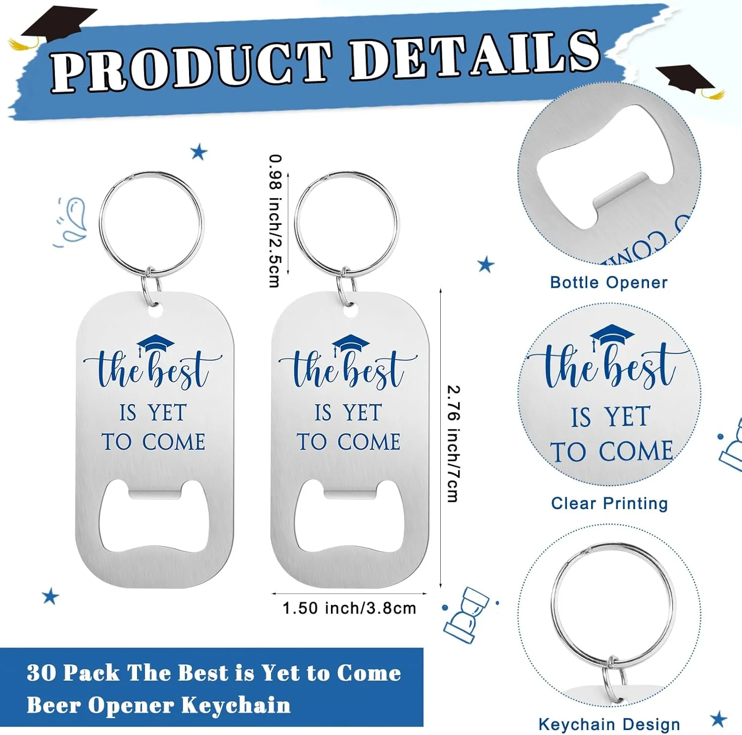 Vesici 30 Sets Graduation Party Favors 30 Beer Bottle Opener Keychains Bulk The Best is Yet to Come Keychains with Thank You Cards and Organza Bags 2025 Graduation Ceremony Party Guest Gifts (Blue)