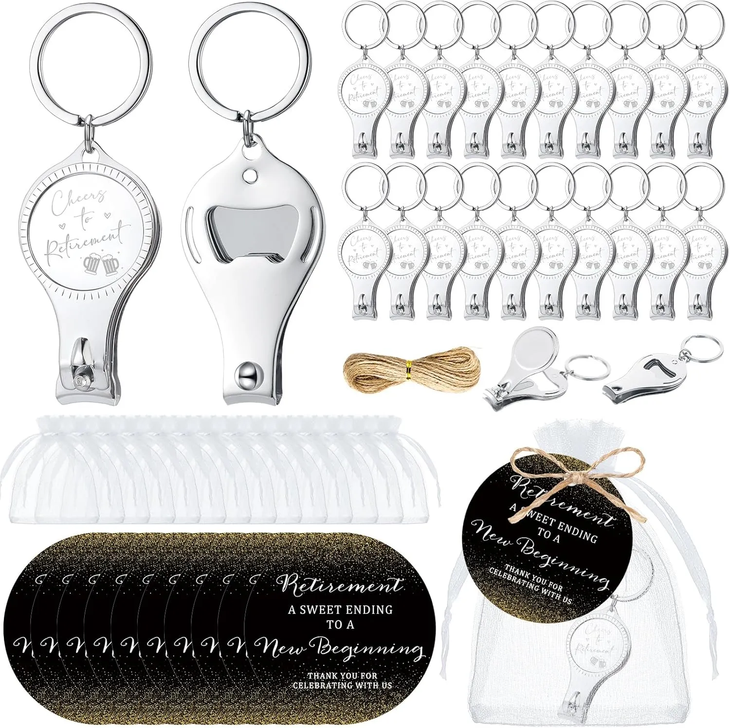 Vesici 50 Sets Retirement Party Favors for Guest 3 in 1 Nail Clippers Bottle Opener Keychain with Thank You Cards Organza Bags Cheers to Retirement Gifts for Employee Coworker Souvenirs Party Favors