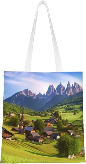 Village Scenic Print Canvas Tote Bags Lightweight Shoulder Bag Reusable Grocery Shopping Bag Handbags for Women Men