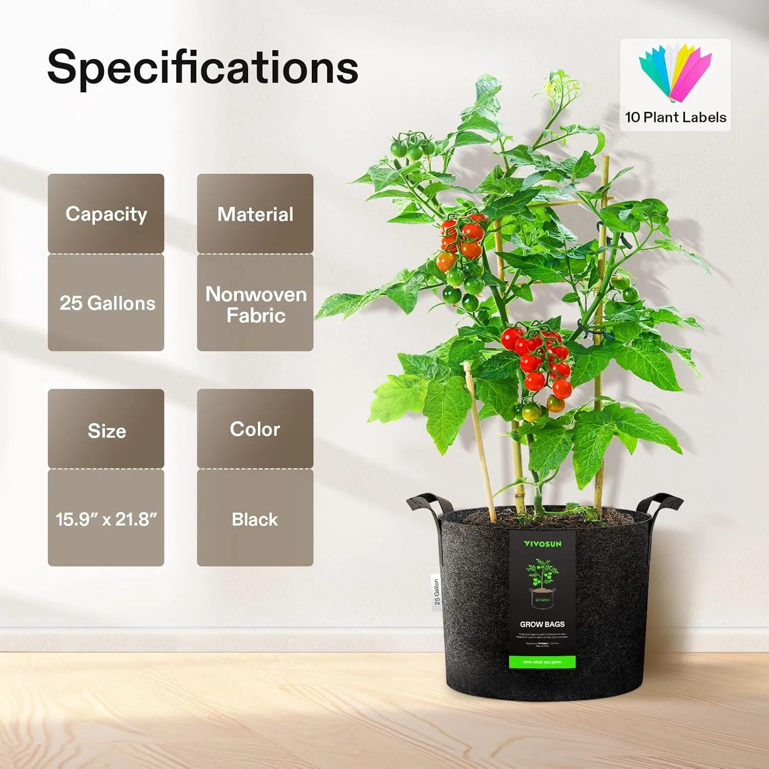 VIVOSUN 10-Pack 25 Gallon Grow Bags, Reinforced Planter Fabric Pots for Gardening Black