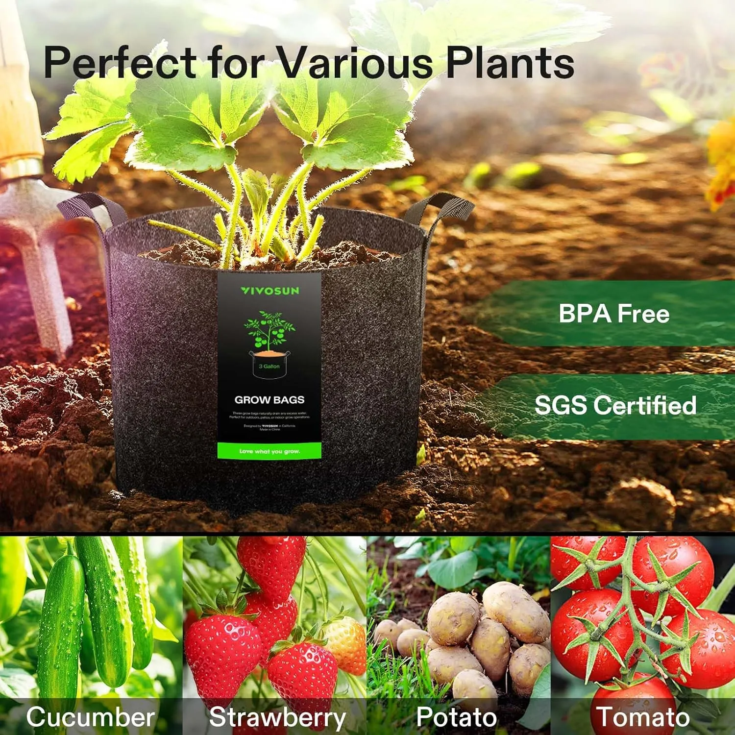 VIVOSUN 10-Pack 3 Gallon Grow Bags, Reinforced Planter Fabric Pots for Gardening Black