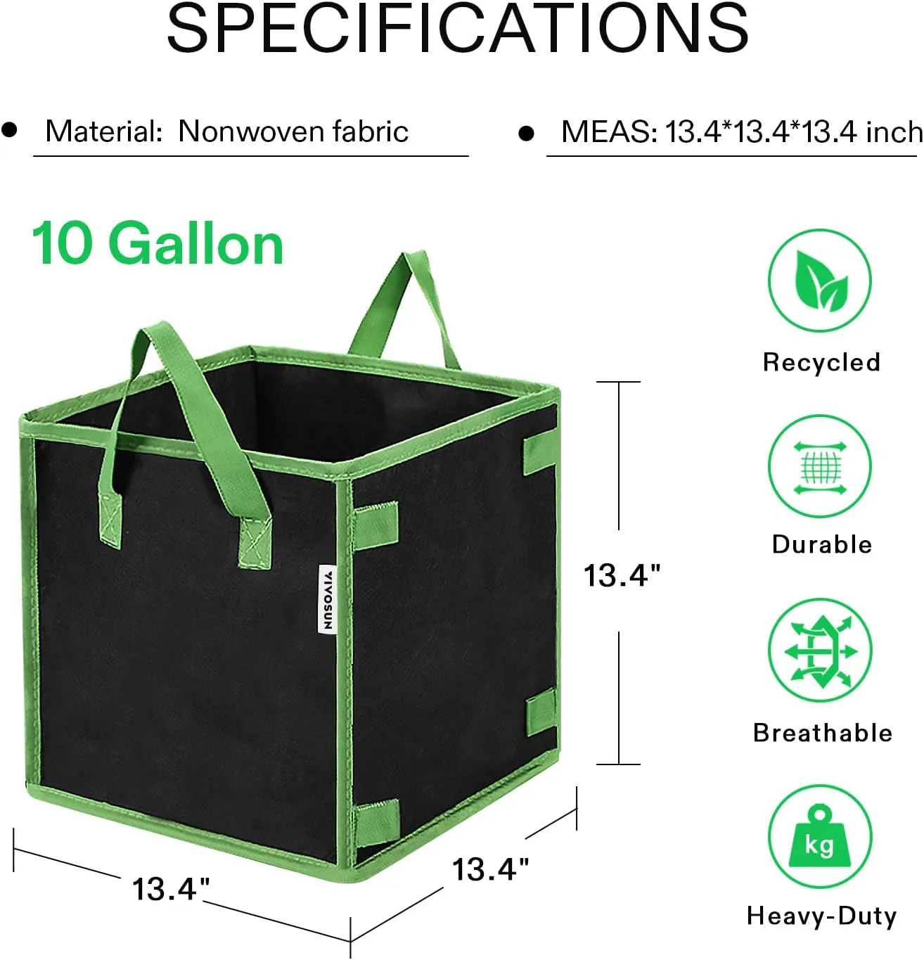 VIVOSUN 5 Pack 10 Gallon Square Grow Bags, Thick Nonwoven Cubic Fabric Pots with Handles for Indoor and Outdoor Gardening