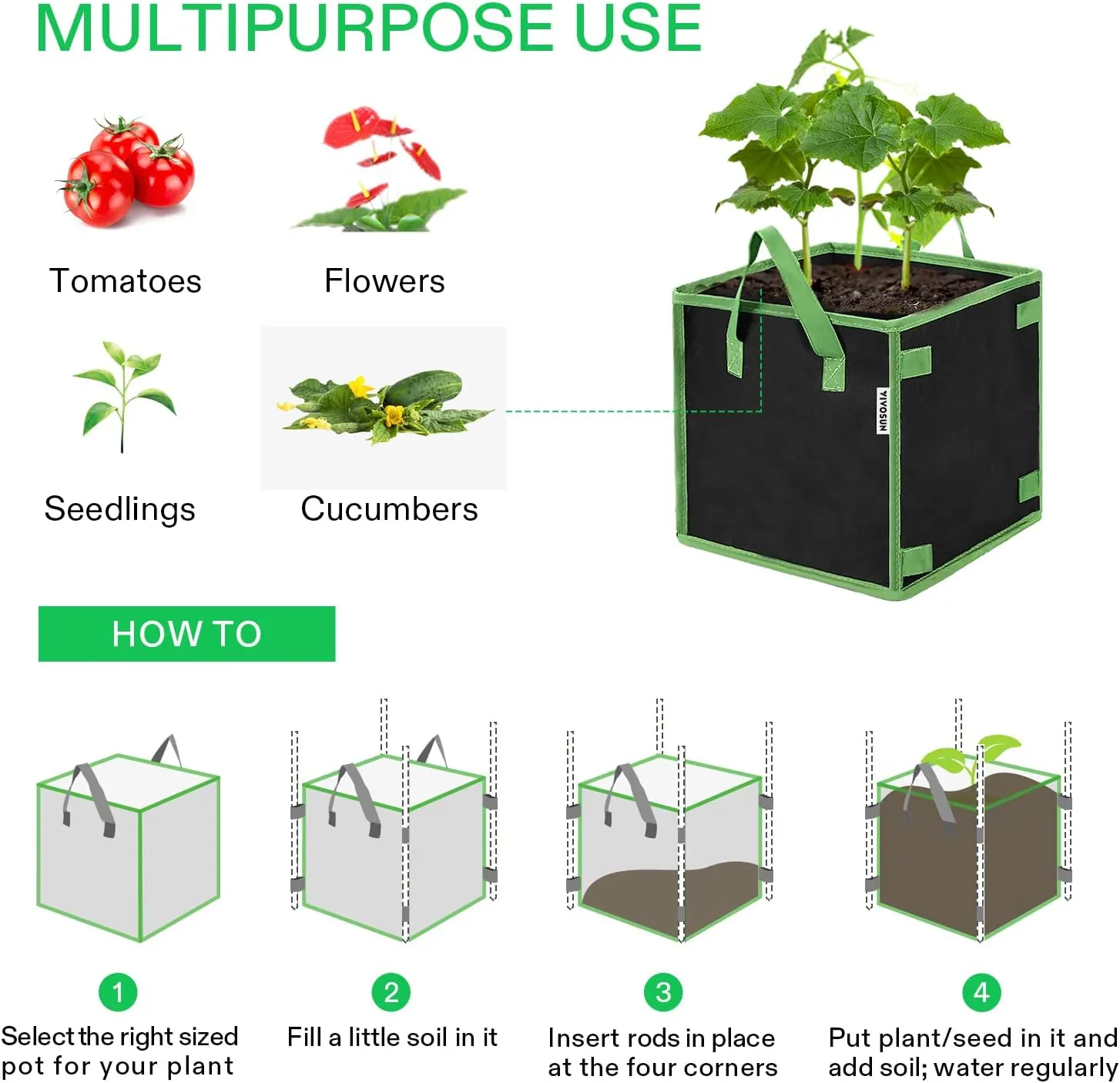 VIVOSUN 5 Pack 10 Gallon Square Grow Bags, Thick Nonwoven Cubic Fabric Pots with Handles for Indoor and Outdoor Gardening