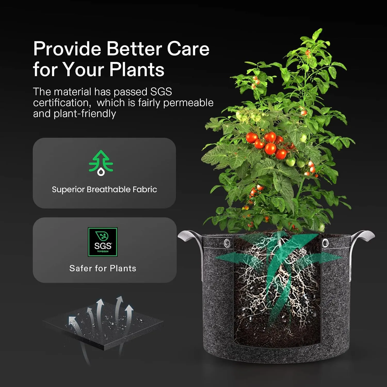 VIVOSUN 5-Pack 25 Gallon Grow Bags, 500G Thick Nonwoven Fabric Pots with Strap Handles, Multi-Purpose Rings, for Low Stress Plant Training Fruits, Vegetables, and Flowers
