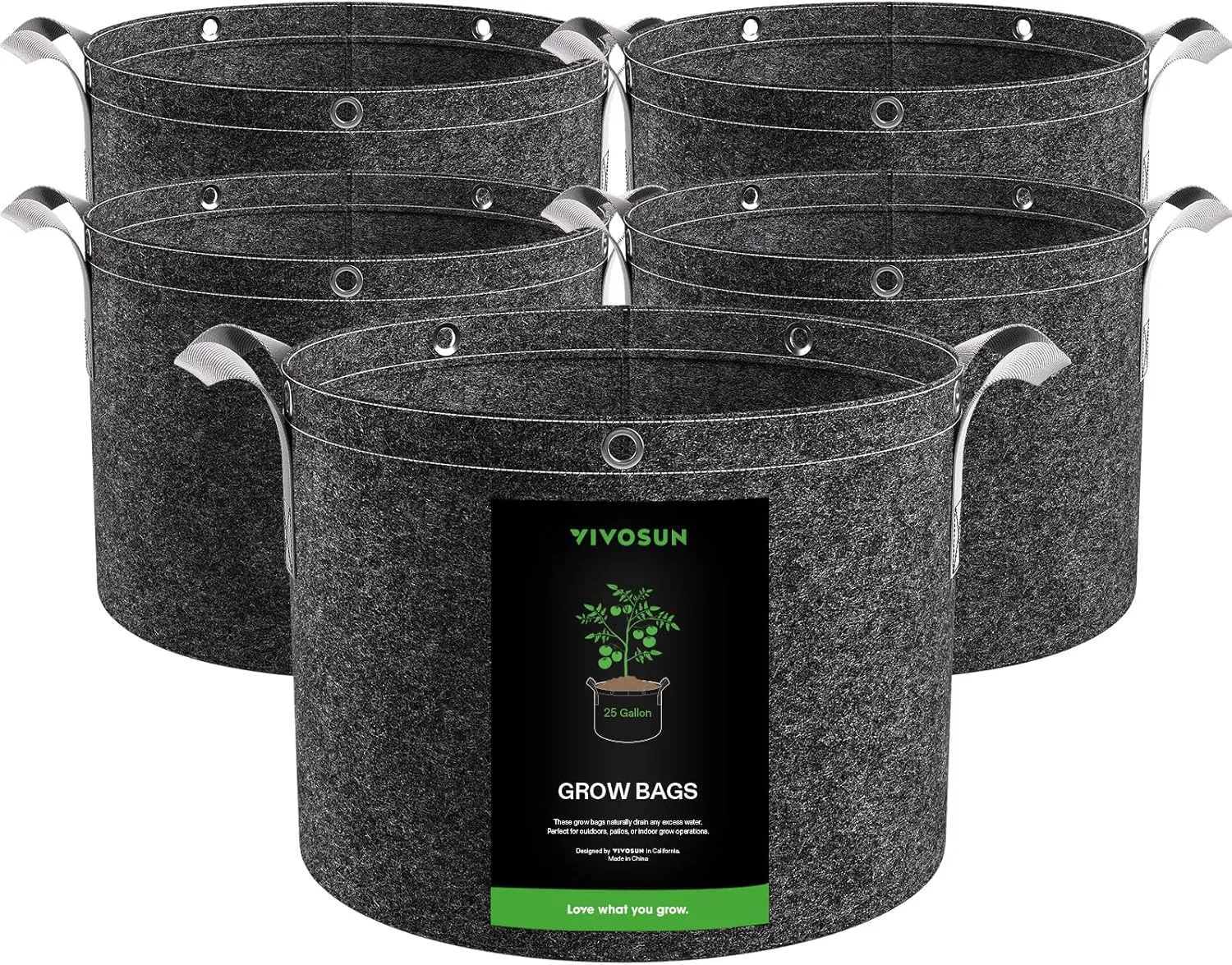 VIVOSUN 5-Pack 25 Gallon Grow Bags, 500G Thick Nonwoven Fabric Pots with Strap Handles, Multi-Purpose Rings, for Low Stress Plant Training Fruits, Vegetables, and Flowers