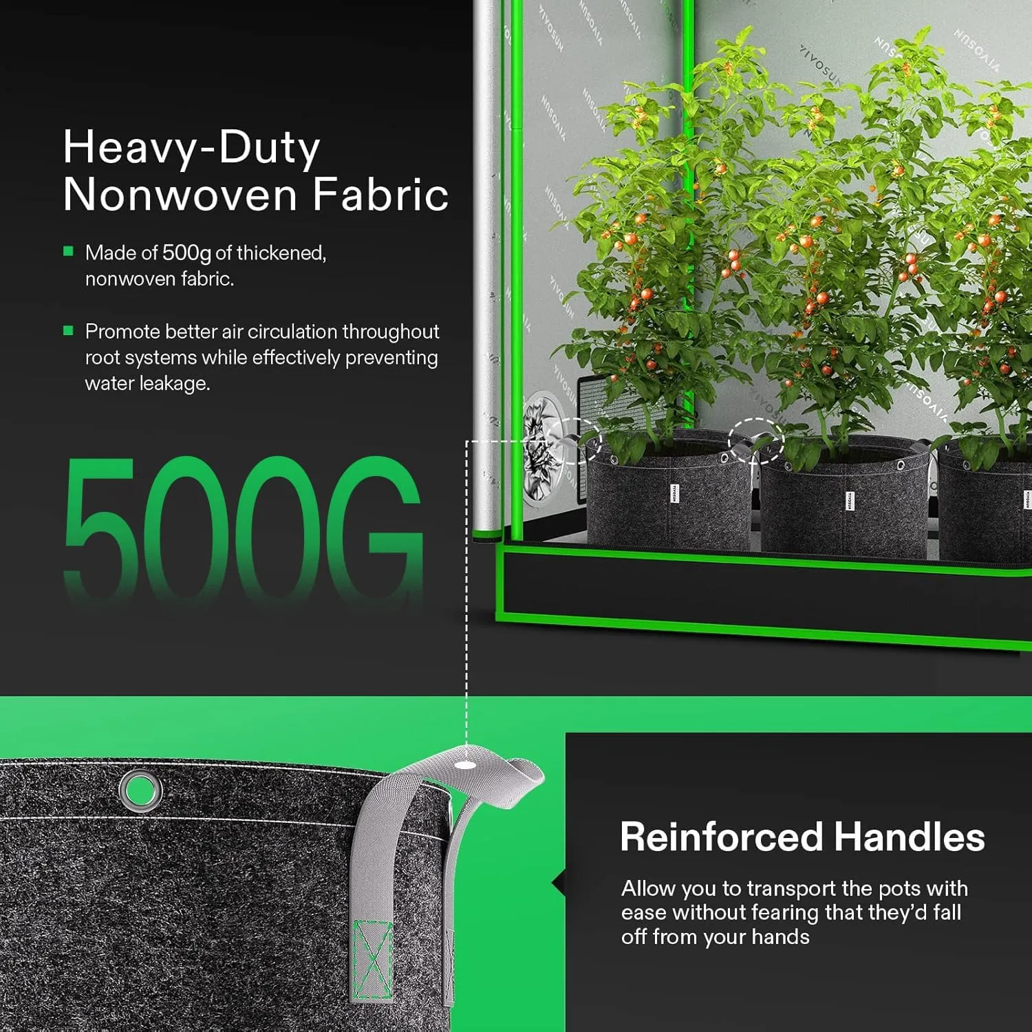VIVOSUN 5-Pack 25 Gallon Grow Bags, 500G Thick Nonwoven Fabric Pots with Strap Handles, Multi-Purpose Rings, for Low Stress Plant Training Fruits, Vegetables, and Flowers
