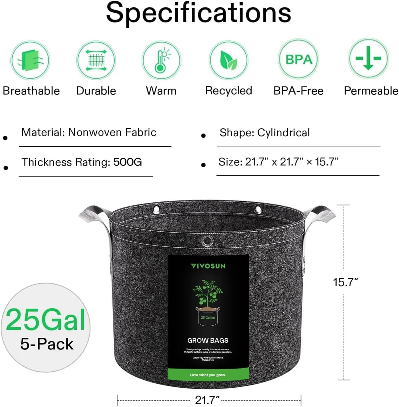 VIVOSUN 5-Pack 25 Gallon Grow Bags, 500G Thick Nonwoven Fabric Pots with Strap Handles, Multi-Purpose Rings, for Low Stress Plant Training Fruits, Vegetables, and Flowers