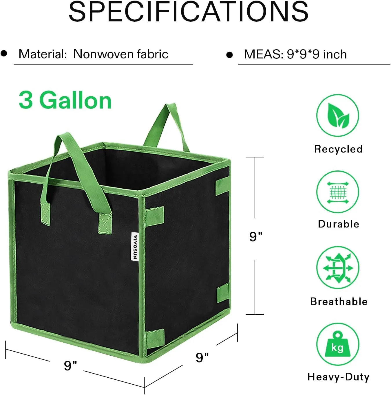 VIVOSUN 5 Pack 3 Gallon Square Grow Bags, Thick Nonwoven Cubic Fabric Pots with Handles for Indoor and Outdoor Gardening