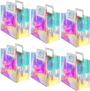 VUOJUR 6pcs Holographic Small Gift Bags 8.3x8x4'' Clear Reusable Birthday Gift Bags for Women Girl Iridescent Christmas Gift Bags with Handle
