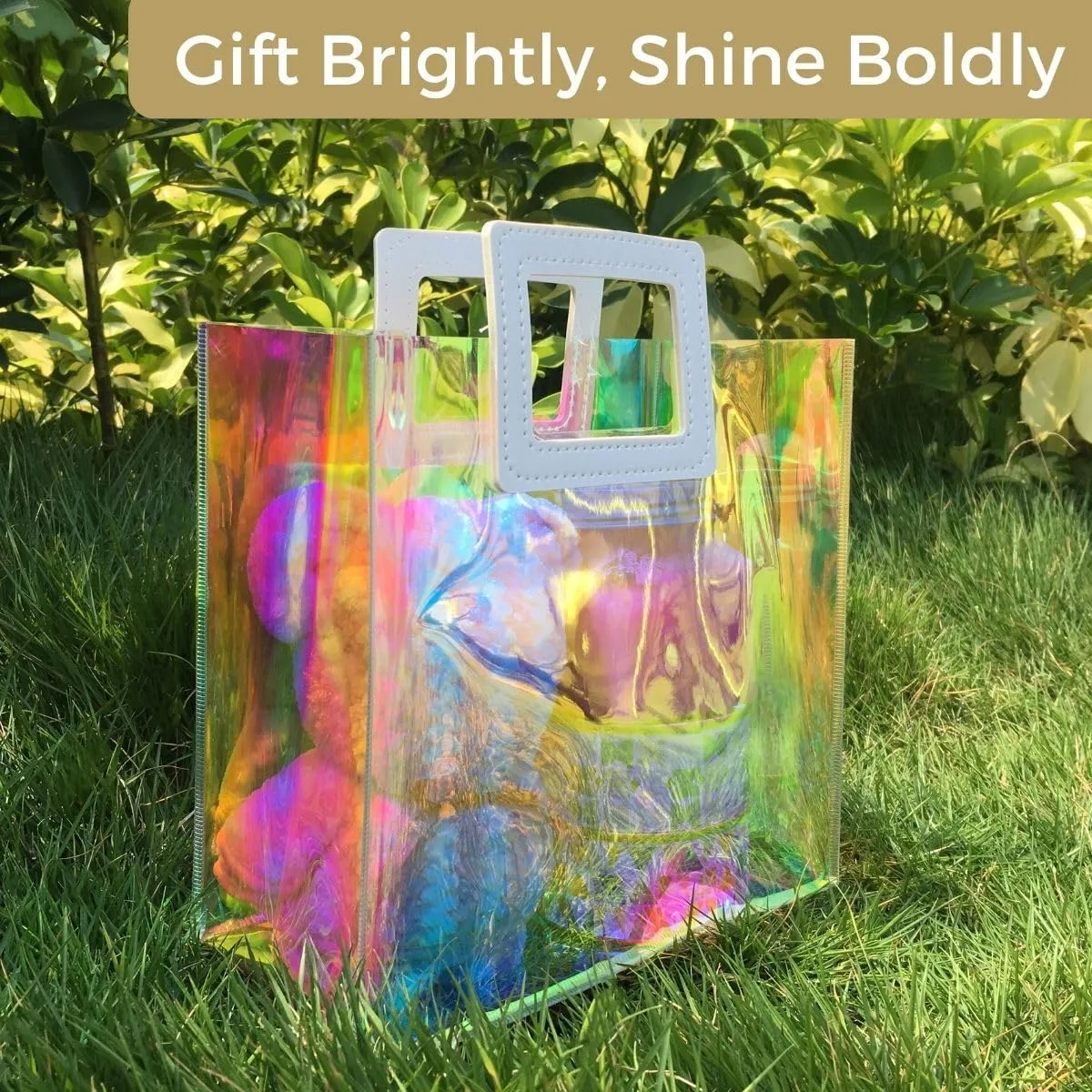 VUOJUR 6pcs Holographic Small Gift Bags 8.3x8x4'' Clear Reusable Birthday Gift Bags for Women Girl Iridescent Christmas Gift Bags with Handle