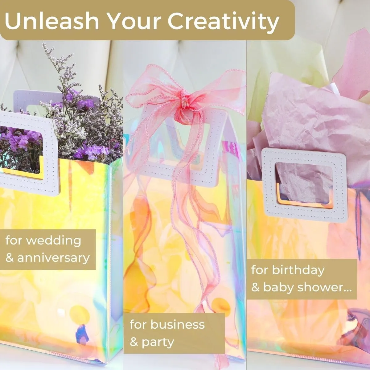 VUOJUR 6pcs Holographic Small Gift Bags 8.3x8x4'' Clear Reusable Birthday Gift Bags for Women Girl Iridescent Christmas Gift Bags with Handle