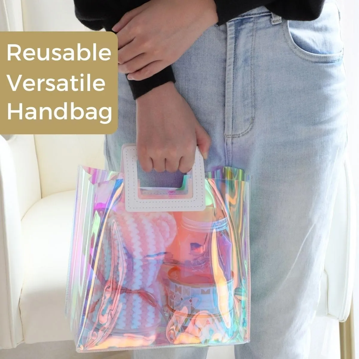 VUOJUR 6pcs Holographic Small Gift Bags 8.3x8x4'' Clear Reusable Birthday Gift Bags for Women Girl Iridescent Christmas Gift Bags with Handle