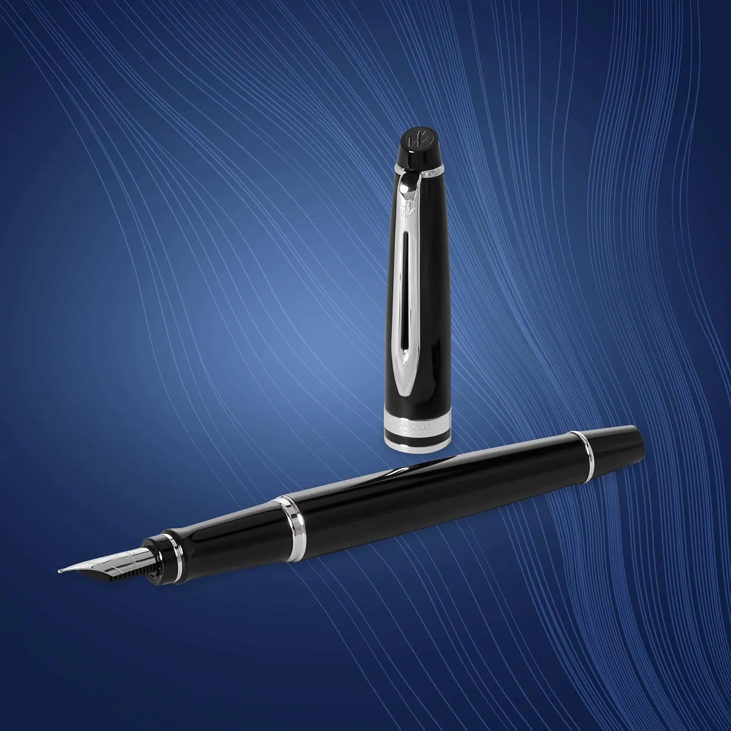 Waterman Expert Fountain Pen, Gloss Black with Chrome Trim, Medium Nib with Blue Ink Cartridge, Gift Box