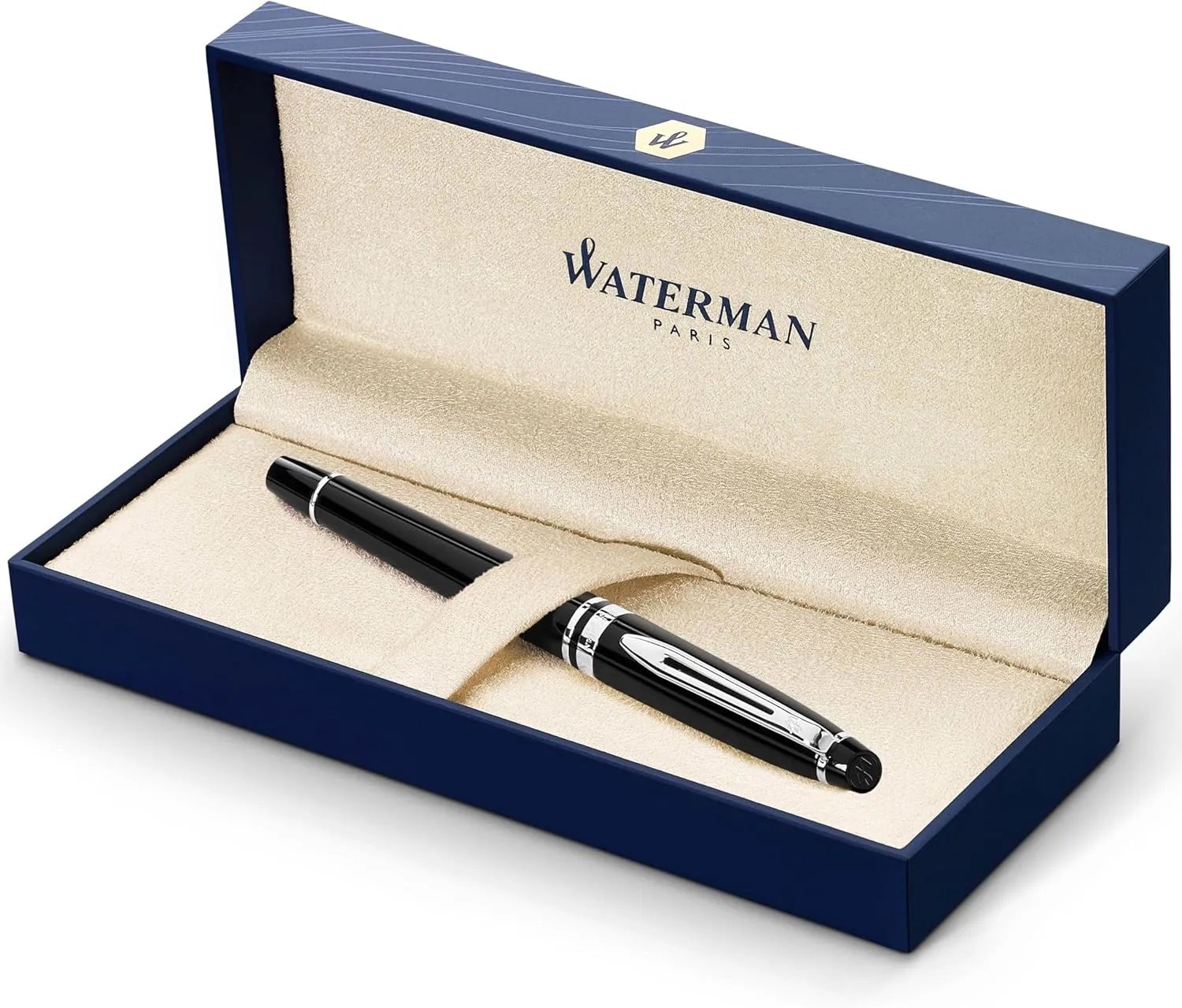 Waterman Expert Fountain Pen, Gloss Black with Chrome Trim, Medium Nib with Blue Ink Cartridge, Gift Box