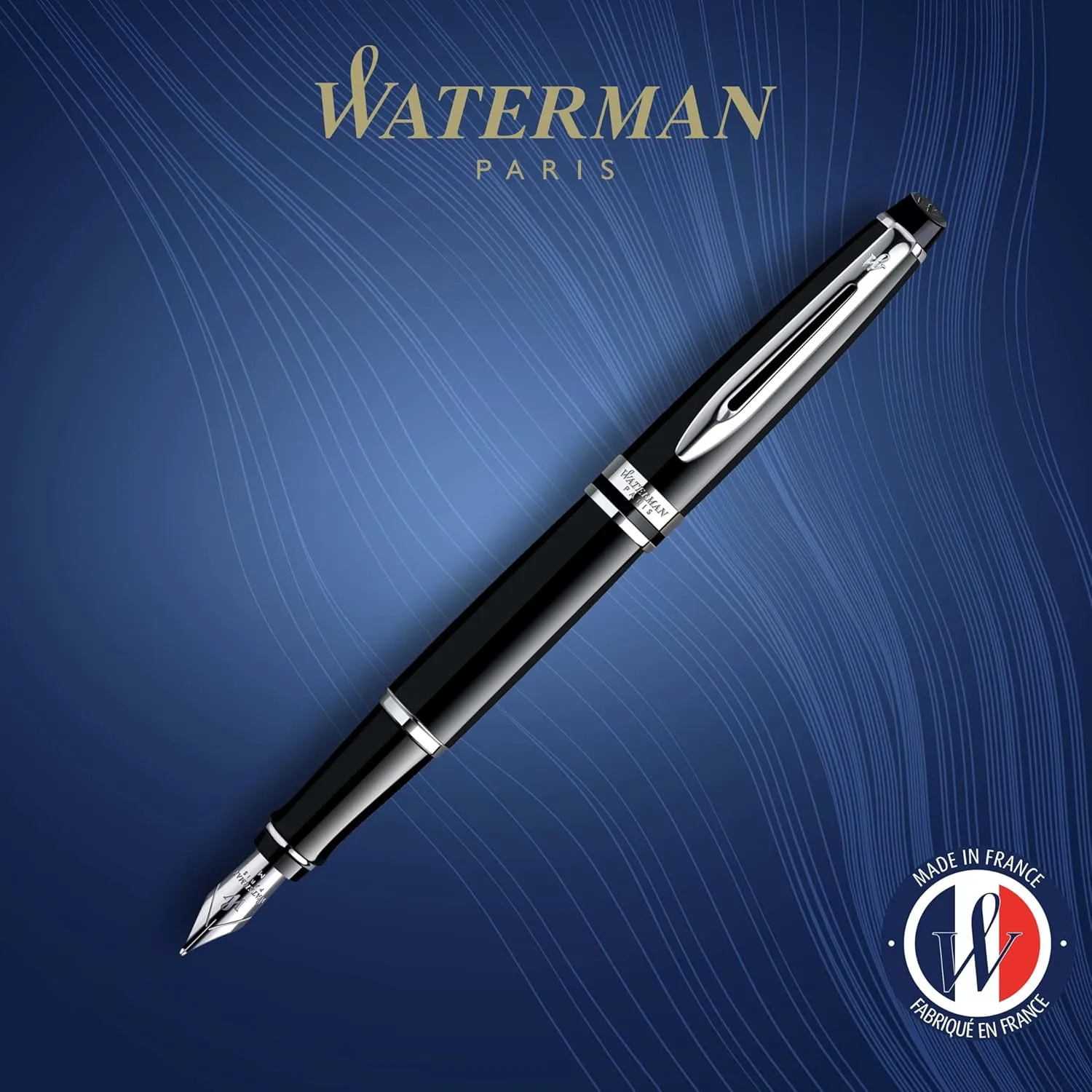Waterman Expert Fountain Pen, Gloss Black with Chrome Trim, Medium Nib with Blue Ink Cartridge, Gift Box