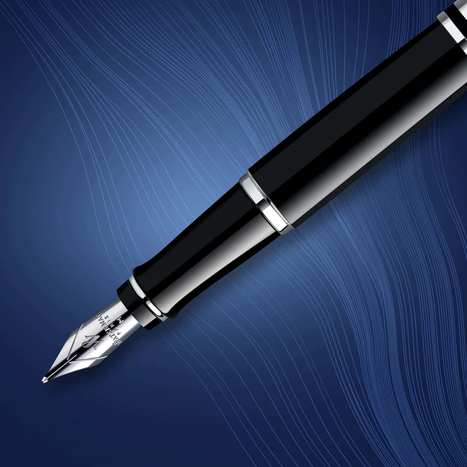 Waterman Expert Fountain Pen, Gloss Black with Chrome Trim, Medium Nib with Blue Ink Cartridge, Gift Box
