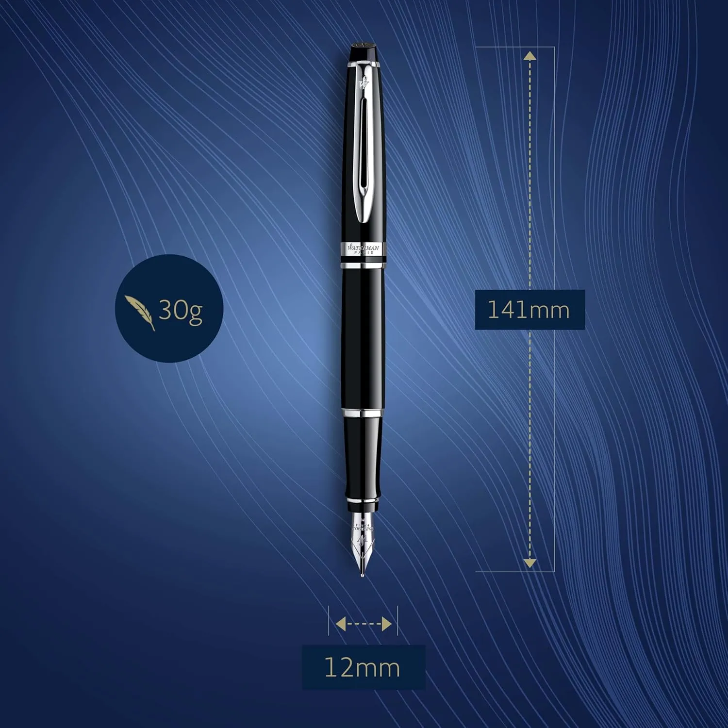 Waterman Expert Fountain Pen, Gloss Black with Chrome Trim, Medium Nib with Blue Ink Cartridge, Gift Box