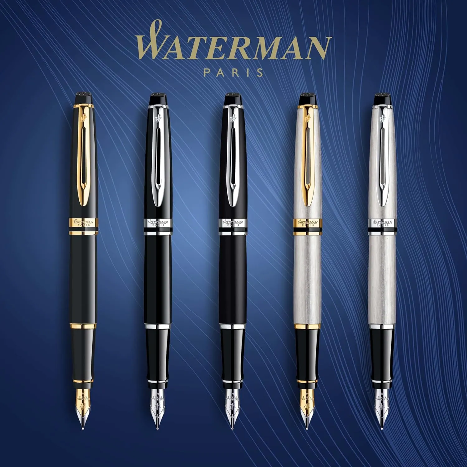 Waterman Expert Fountain Pen, Matte Black with Chrome Trim, Fine Nib with Blue Ink Cartridge, Gift Box