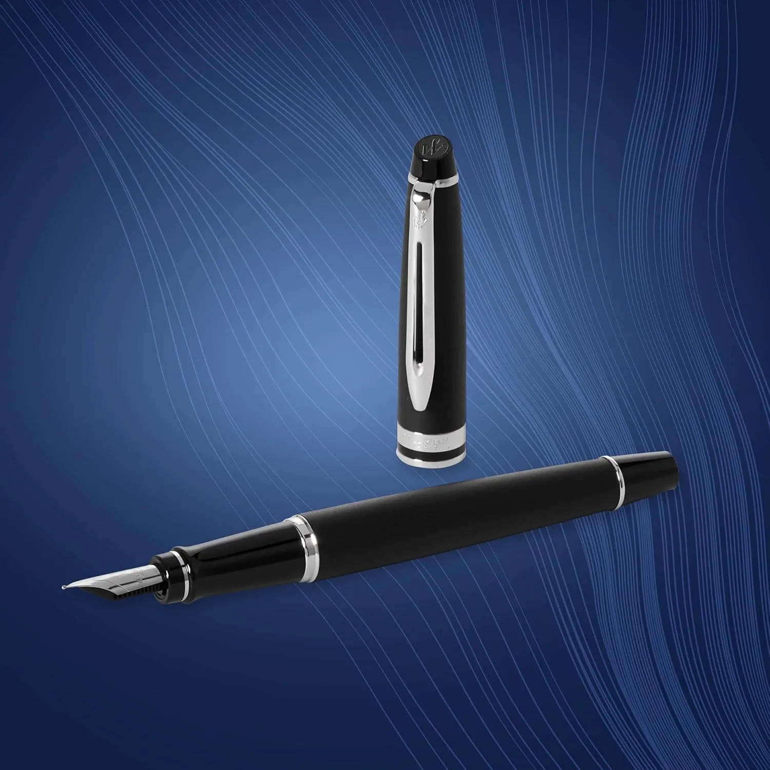 Waterman Expert Fountain Pen, Matte Black with Chrome Trim, Fine Nib with Blue Ink Cartridge, Gift Box
