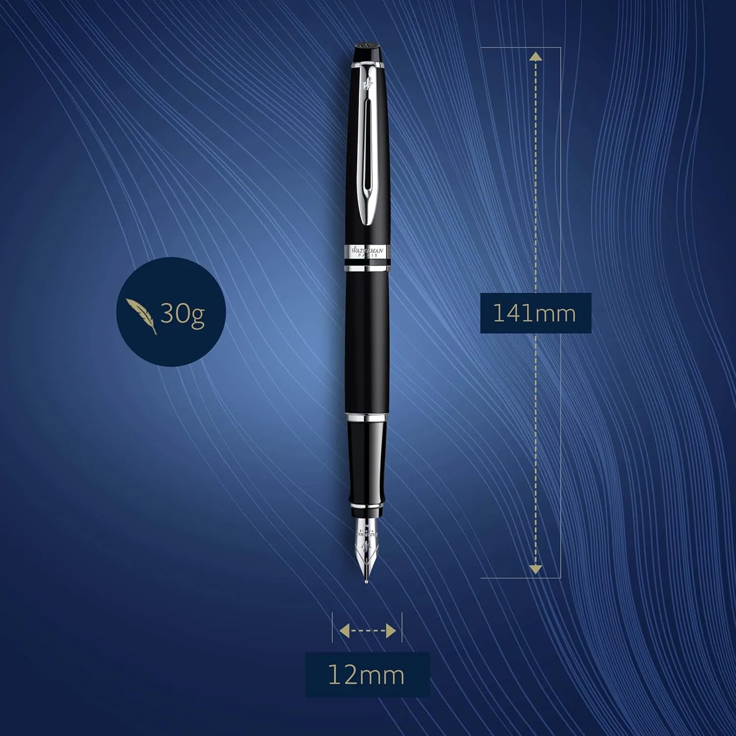 Waterman Expert Fountain Pen, Matte Black with Chrome Trim, Fine Nib with Blue Ink Cartridge, Gift Box