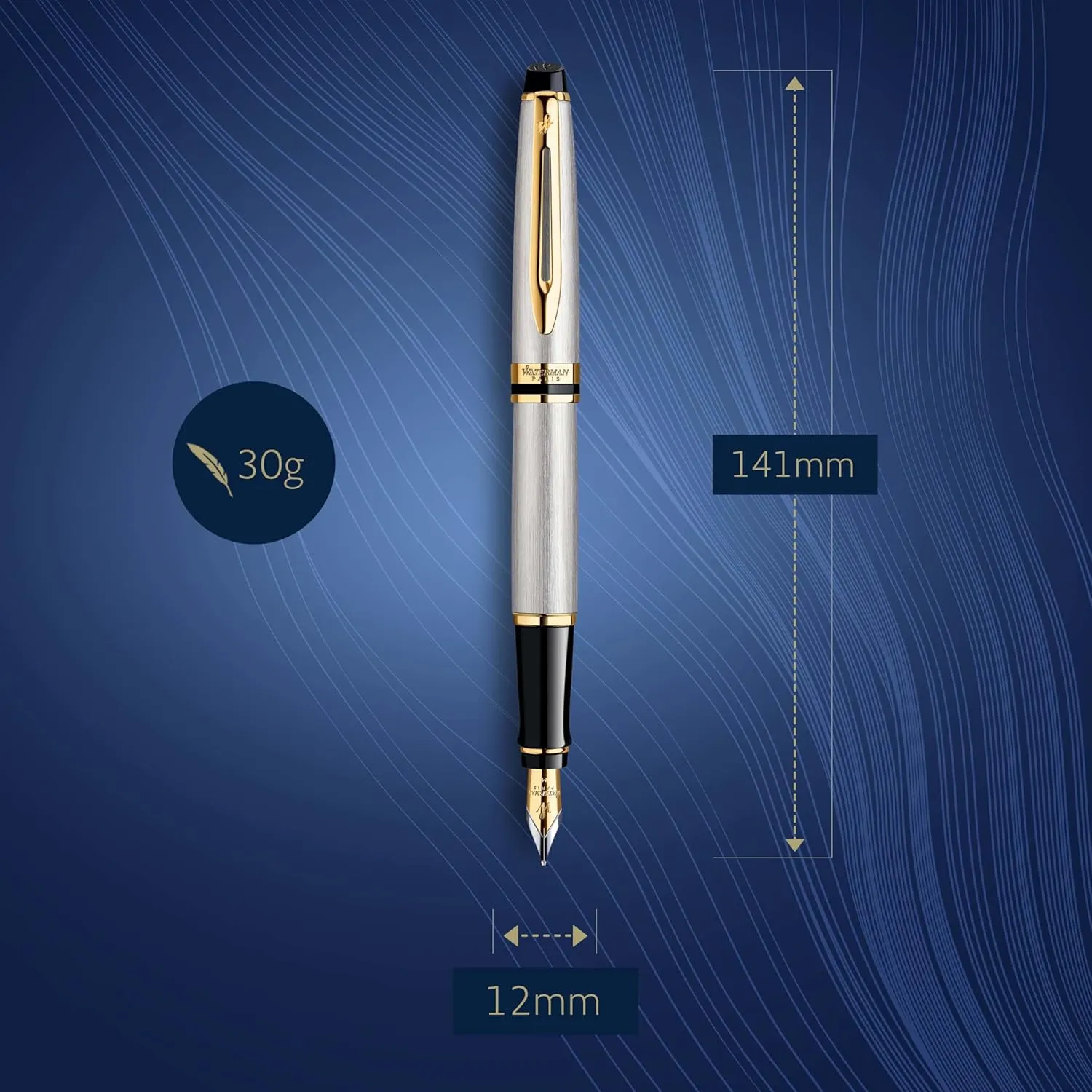 Waterman Expert Fountain Pen, Stainless Steel With 23k Gold Trim, Medium Nib With Blue Ink Cartridge, Gift Box