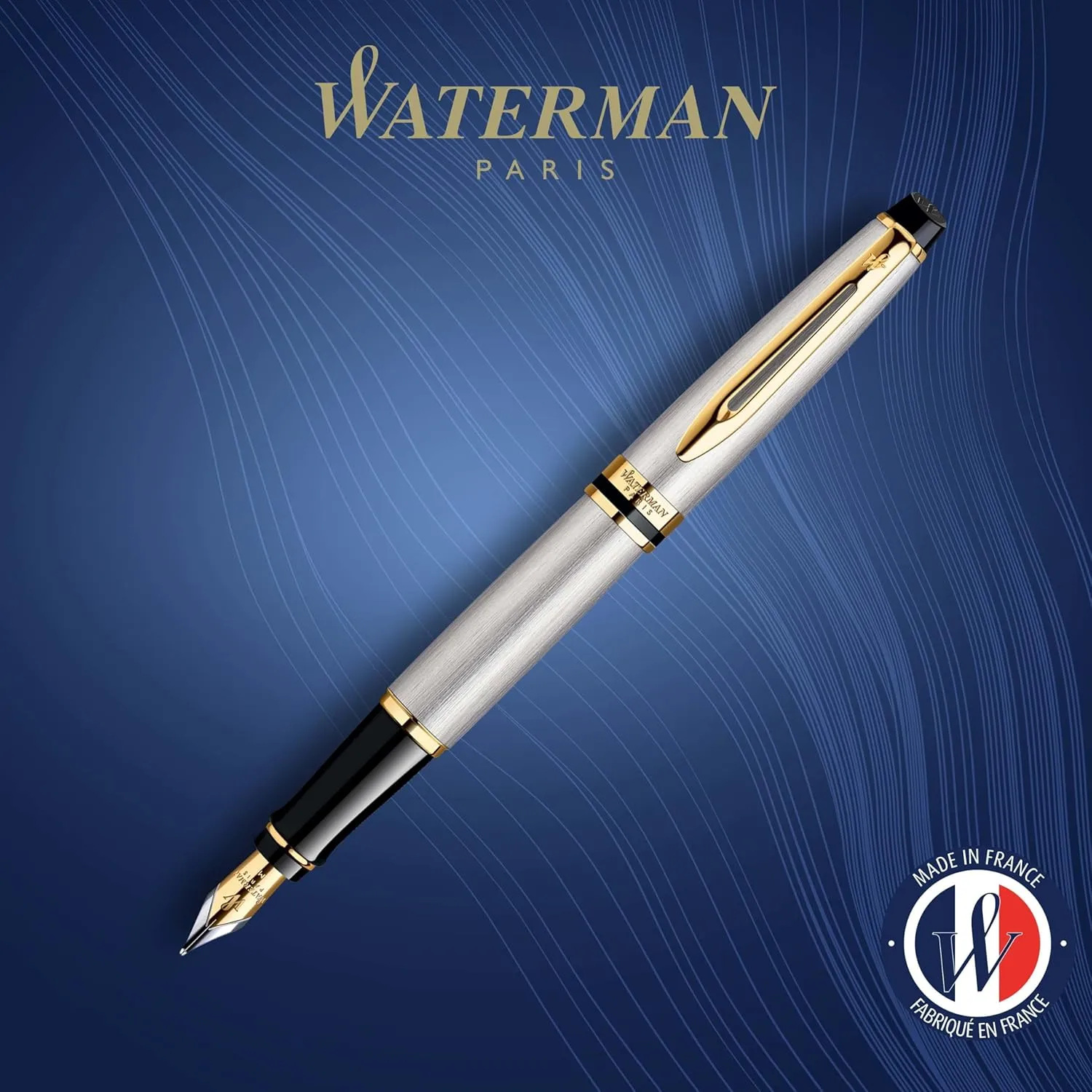 Waterman Expert Fountain Pen, Stainless Steel With 23k Gold Trim, Medium Nib With Blue Ink Cartridge, Gift Box
