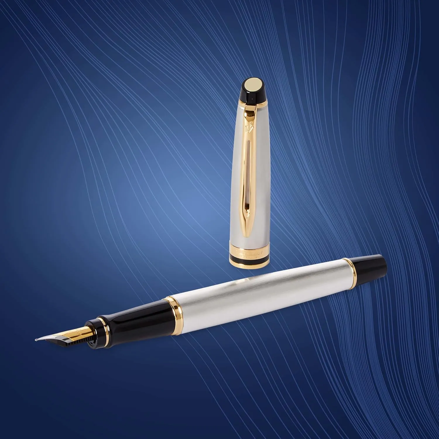 Waterman Expert Fountain Pen, Stainless Steel With 23k Gold Trim, Medium Nib With Blue Ink Cartridge, Gift Box
