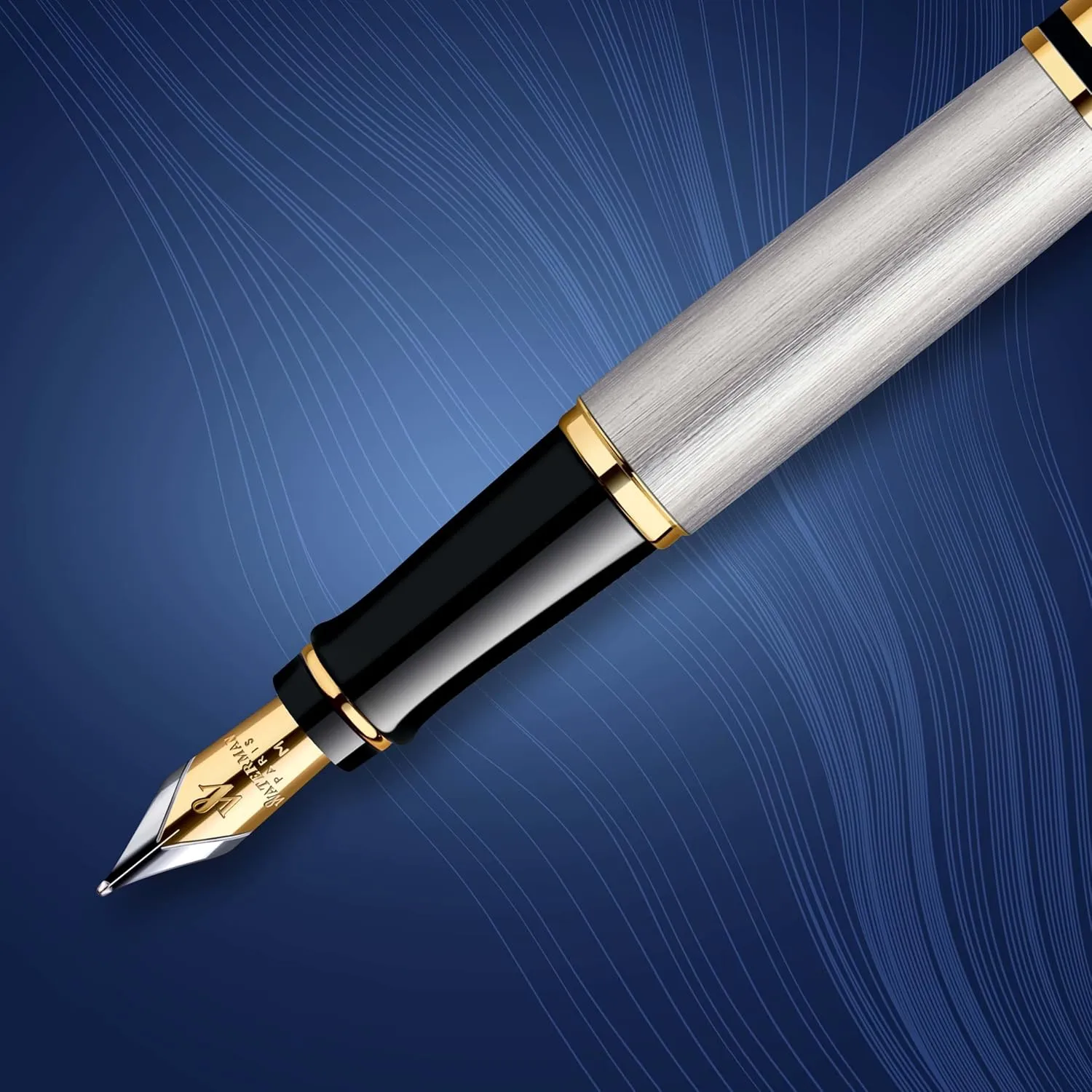 Waterman Expert Fountain Pen, Stainless Steel With 23k Gold Trim, Medium Nib With Blue Ink Cartridge, Gift Box