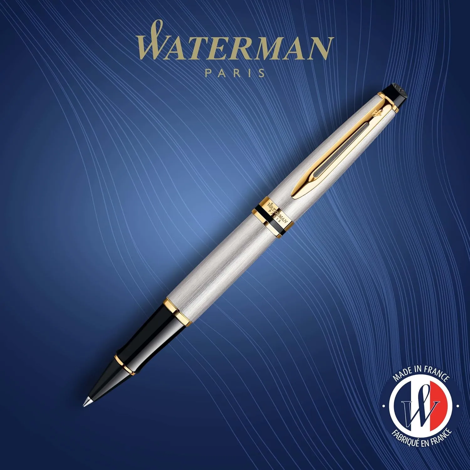 Waterman Expert Rollerball Pen, Stainless Steel with 23k Gold Trim, Fine Point, Black Ink, Gift Box