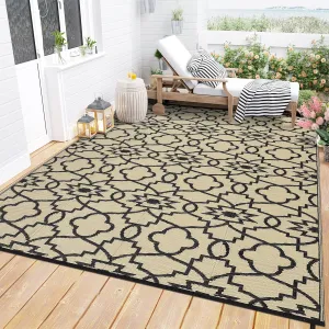 Waterproof Outdoor Rug 6x9 ft Reversible Plastic Woven Straw Mat with Modern Floral Geometric Design - Perfect for Camping, RVs, Patios, Backyards, Decks, Picnics, and Beach Use, Black Brown