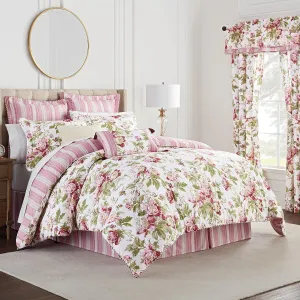 Waverly Forever Peony 4-Piece Comforter Set, Embellished All Season Bedding, Includes One Comforter, One Bed Skirt and Two Pillow Shams, Full/Queen, Berry