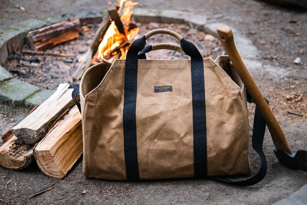 Waxed Canvas Firewood Bag – Heavy-Duty Log Tote Bag with Reinforced Handles – Durable Wood Holder for Fireplace, Campfire, and Outdoor Use