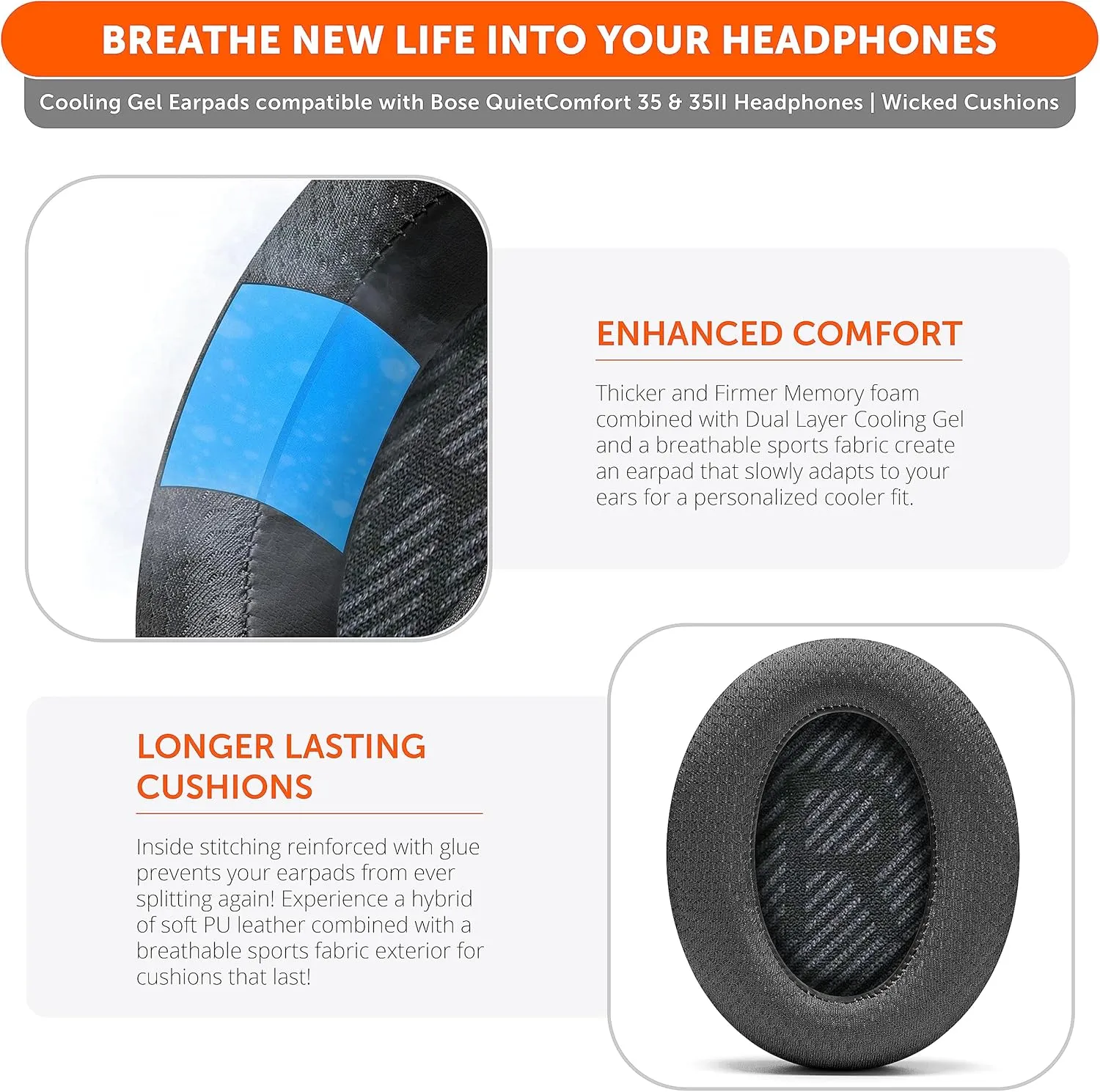 WC Freeze QC35 - Cooling Gel Ear Pads for Bose QC35 & QC35ii (QuietComfort 35) Headphones & More | Breathable Sports Fabric, Cooling Gel, Extra Thick & Cooler for Longer | Black