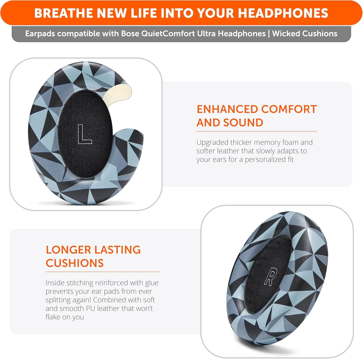 WC PadZ QC Ultra - Upgraded Earpads for Bose QuietComfort Ultra Made by Wicked Cushions | Enhanced Comfort & Thickness | Upgraded Memory Foam & Premium Materials | Geo Grey