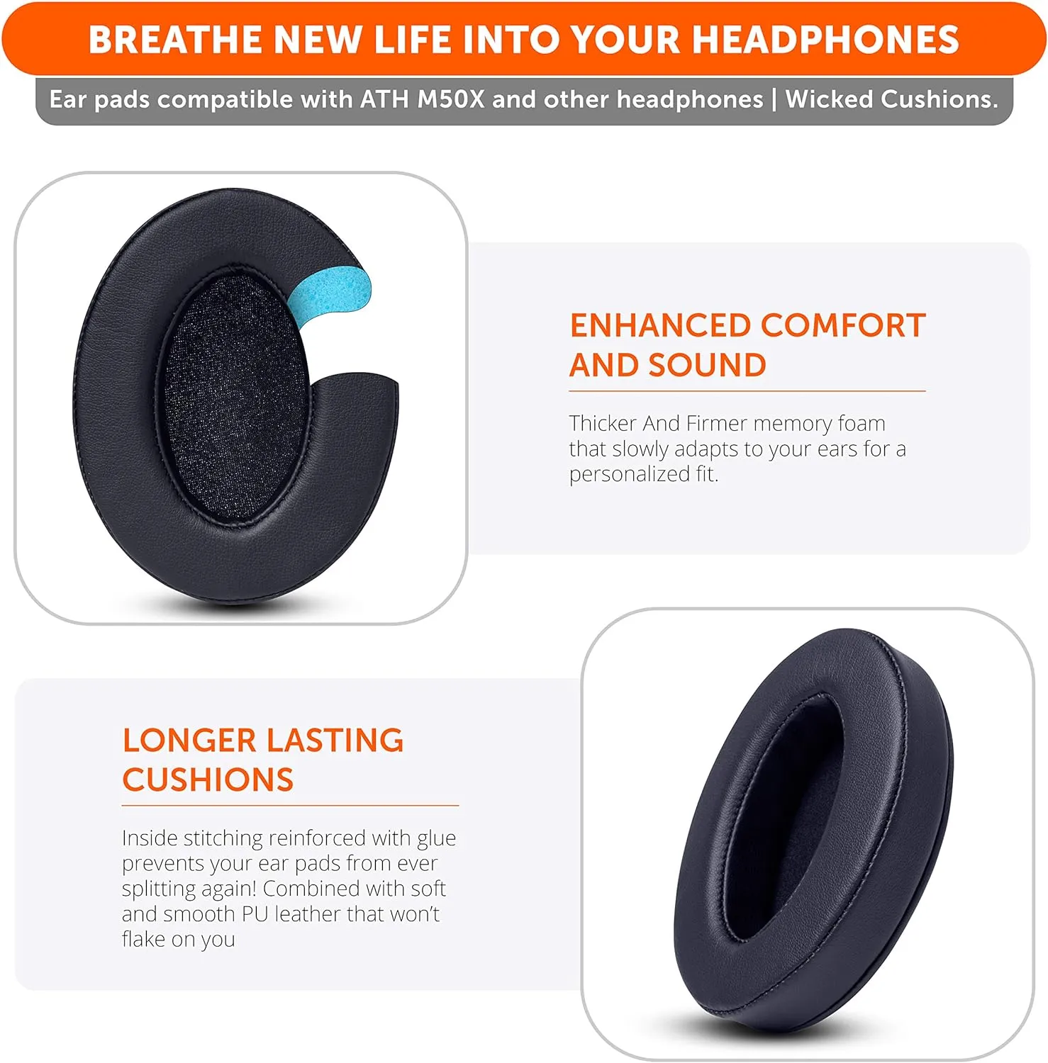 WC Wicked Cushions PadZ - Thick & Soft Ear Pads for ATH M50X / M40X / SteelSeries Arctis/HyperX Cloud & Alpha/Logitech G Pro X/Compatible with Over 50 Headphones | Black