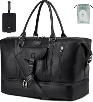 weiatas Leather Travel Duffel Bag for Women Men, Large Weekender Overnight Bag with Shoes Compartment, Waterproof Carry On Bag Travel Tote Bag Gym Bag with Luggage Strap (Black)