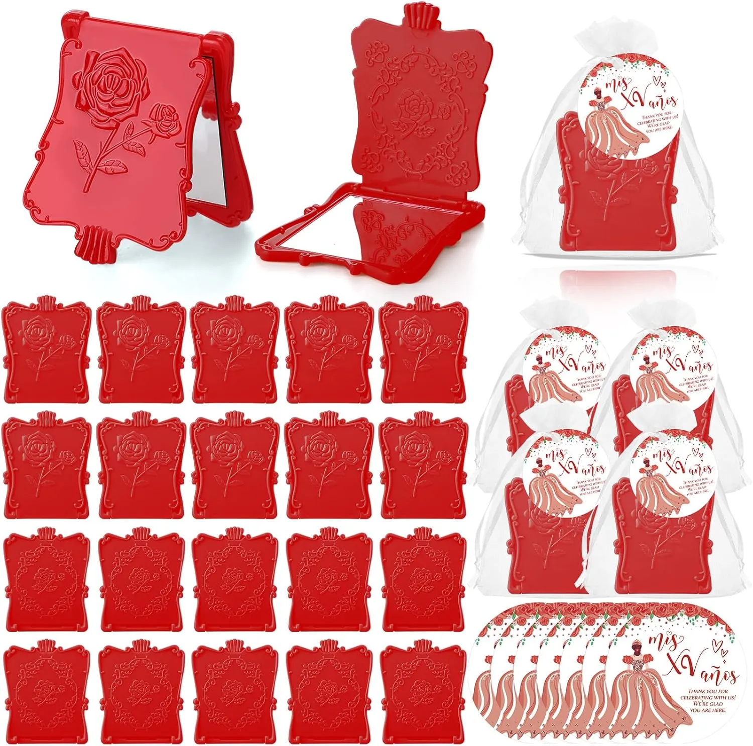 Wenqik 25 Sets Quinceanera Favors for Guests Include Square Mirror Quinceanera Cards and Organza Bags 15th Sweet Birthday Party Mis XV Años Birthday Sweet Party Favor (Red)