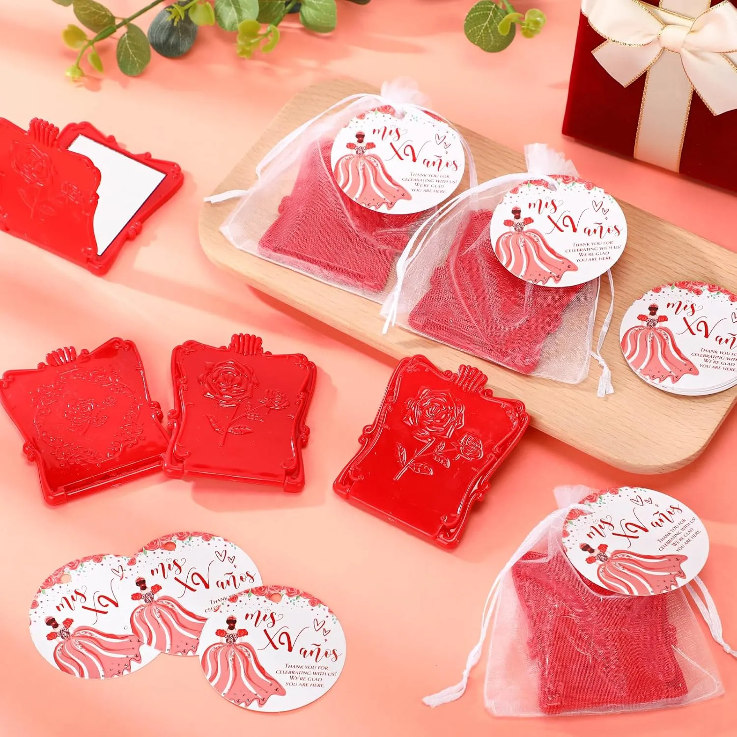 Wenqik 25 Sets Quinceanera Favors for Guests Include Square Mirror Quinceanera Cards and Organza Bags 15th Sweet Birthday Party Mis XV Años Birthday Sweet Party Favor (Red)